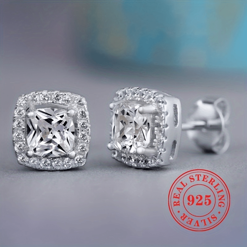 925 Silver CZ Stud Earrings Round & Square Design